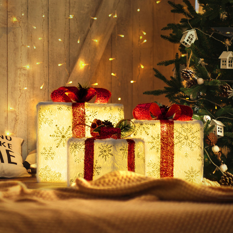  Set of 3 Christmas Lighted Gift Boxes, 60 LED Light up Present Boxes, 8 Modes Christmas Parcels Lights with Bow for Party, Home, Tree Decoration
