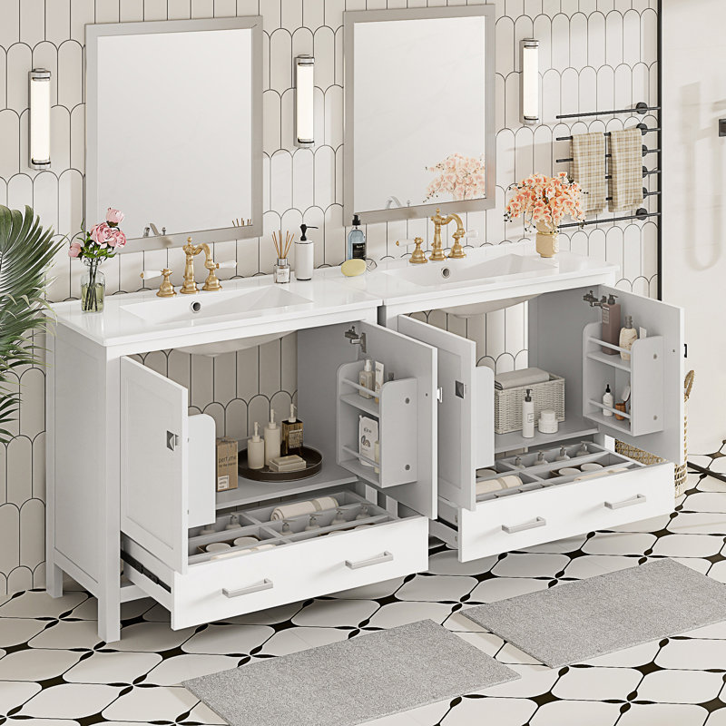 Meuble-lavabo de salle de bain avec lavabo en céramique, portes à fermeture douce, tablettes de rangement doubles et tiroir divisé