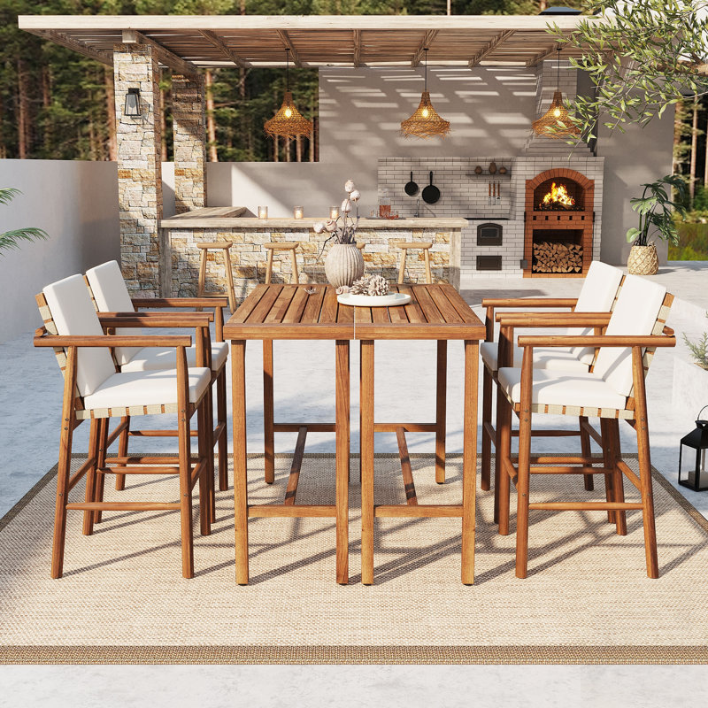 Ensemble de bar extérieur 6 pièces avec table et tabourets en bois d'acacia, coussins pour patio, cour arrière, piscine, balcon