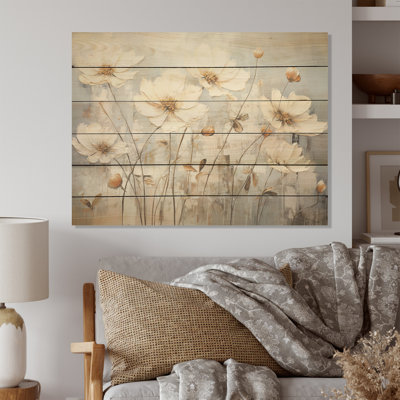 Bouton d'or blanc sur simplicité beige - Art mural en bois sur bois de pin naturel