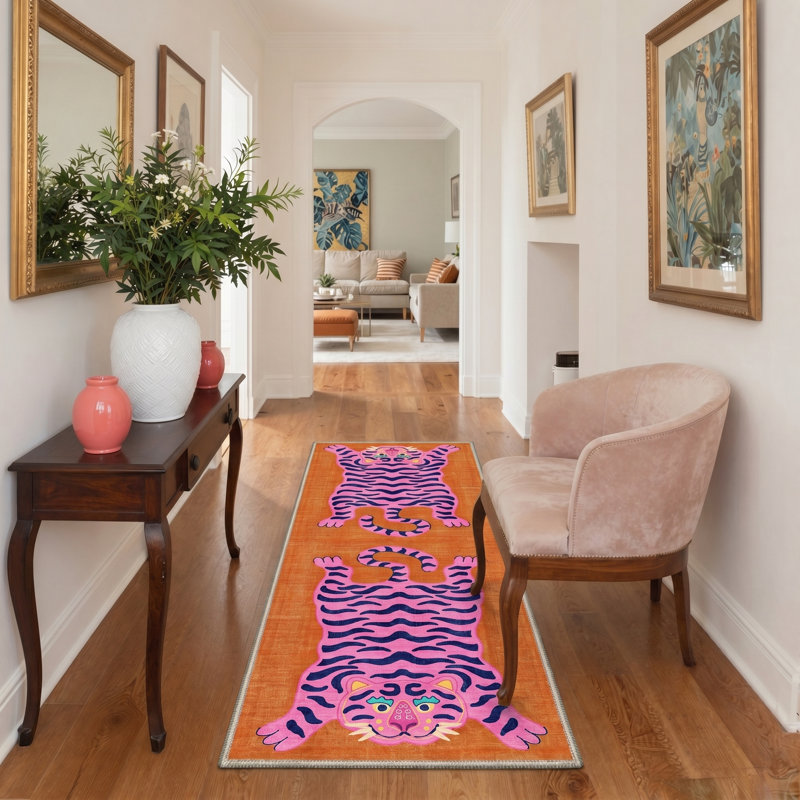 Tigris Animal Print Machine Washable Red / Pink Area Rug Indoor with Non-Slip Backing, Runner 2'3" x 6'