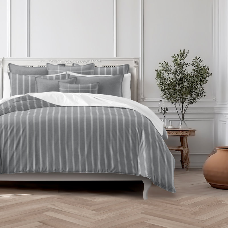 Shay Broad Ticking Stripe Gray Cotton Comforter Set  8 Piece, Queen Comforter + 7 Additional Pieces