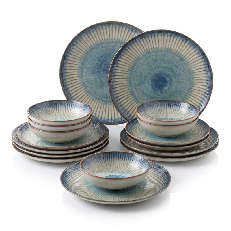 Service de vaisselle 100% porcelaine os et crème Azur Artisan Sunburst (service de 24 pièces pour 6 personnes)