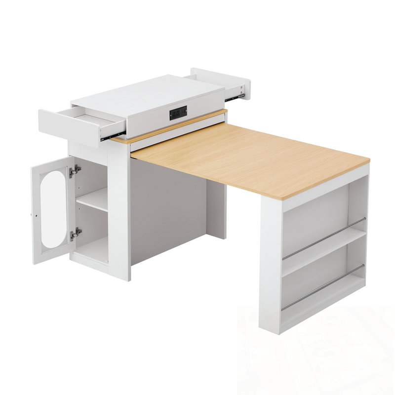 Kitchen Island with Drawers, Power Outlet, Wheels and Hooks, White