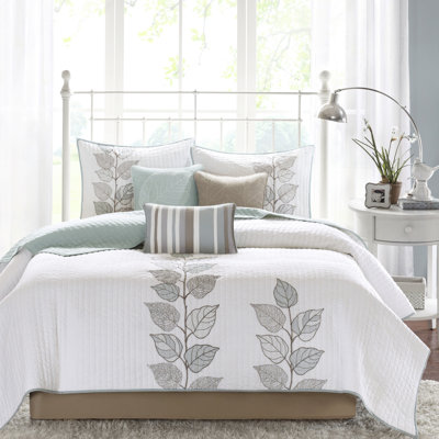 Courtepointe brodée 6 pièces très grand / très grand, microfibre bleue et blanche, réversible avec doux, broderie classique de feuille blanche, microfibre réversible, dos, captivation