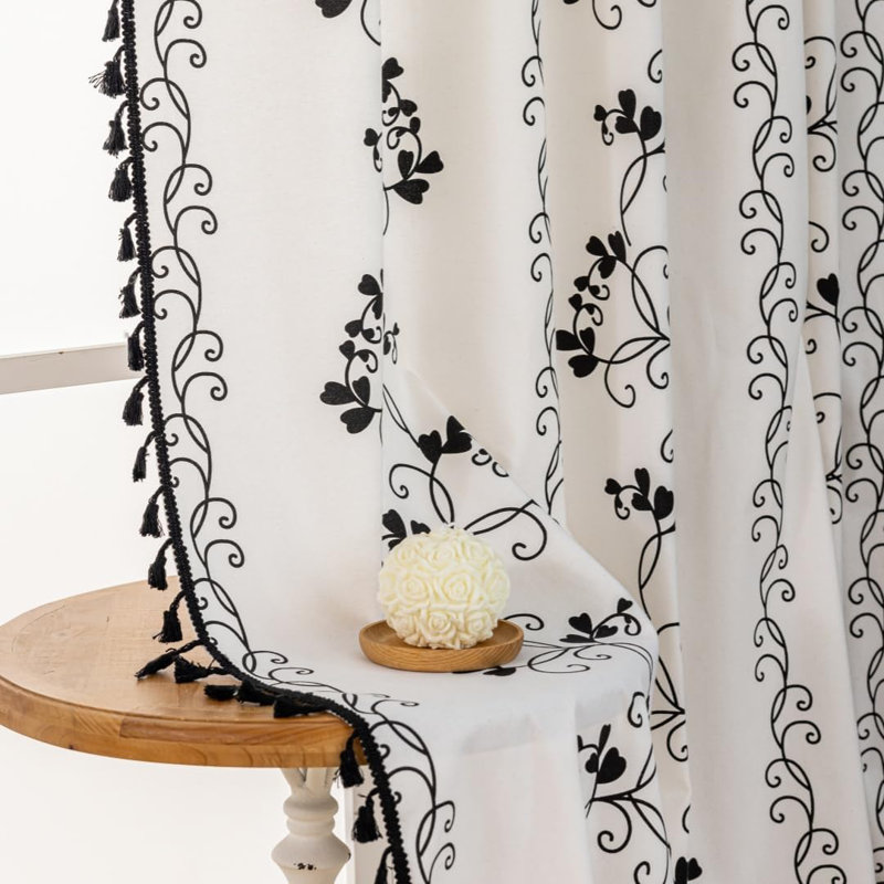Black Flowers And Plant Design Kitchen Curtains