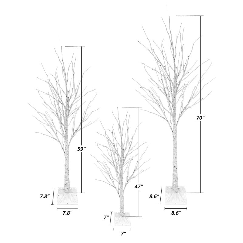Ensemble de 200 lumières de bouleau 200 lumières DEL, 4 pi, 5 pi, 6 pi avec lumières blanc chaud - Décorations de fêtes de mariage à l'intérieur et à l'extérieur, éclairage des Fêtes (paquet de 3)