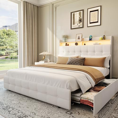 Cadre de lit Queen avec tête de lit, 2 tiroirs et éclairage DEL, beige