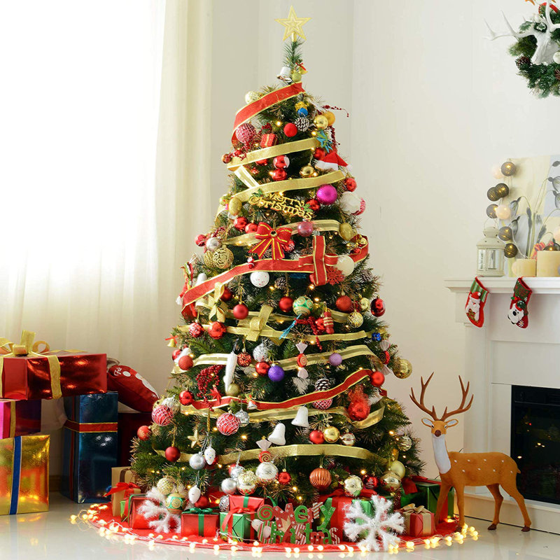 Green Artificial Pine Christmas Tree with 200 Single Coloured Lights with Stand, 5' H
