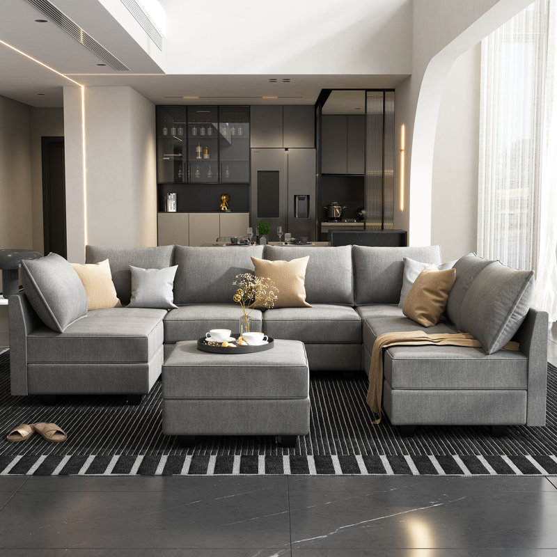 Canapé modulaire modulaire en forme de U avec repose-pieds avec rangement, Polyester gris