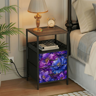 Table de chevet à 2 tiroirs avec station de recharge, table de chevet avec ports USB et prises, tablette ouverte noire, table de chevet avec motif marbre à fleurs violettes