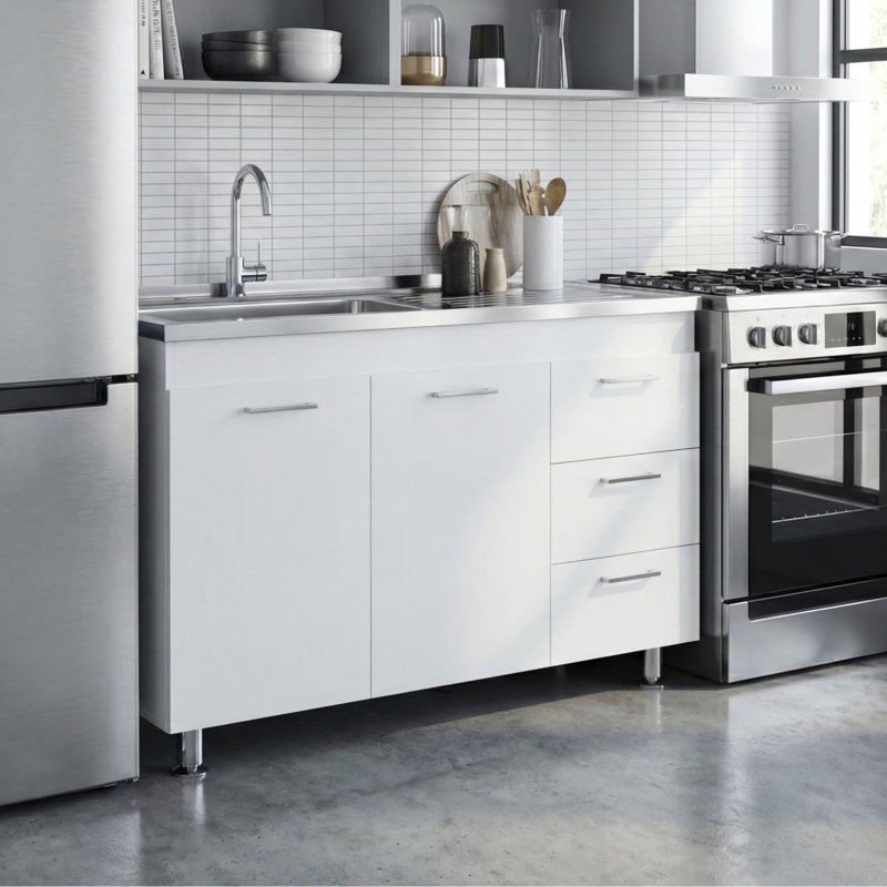 Armoire de base avec évier supérieur en acier inoxydable, trois tiroirs et deux portes pour le rangement intérieur Ferretti