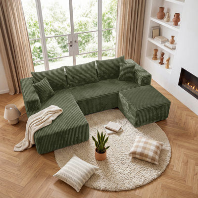 3-Piece U-Shaped Compression Sectional Sofa, Flannel Fabric With Pocket Spring Support, No Assembly Required, For Living Room