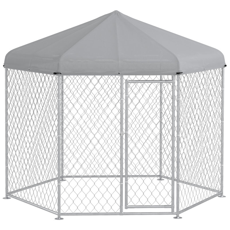 Large Silver Steel Outdoor Dog Kennel with Roof