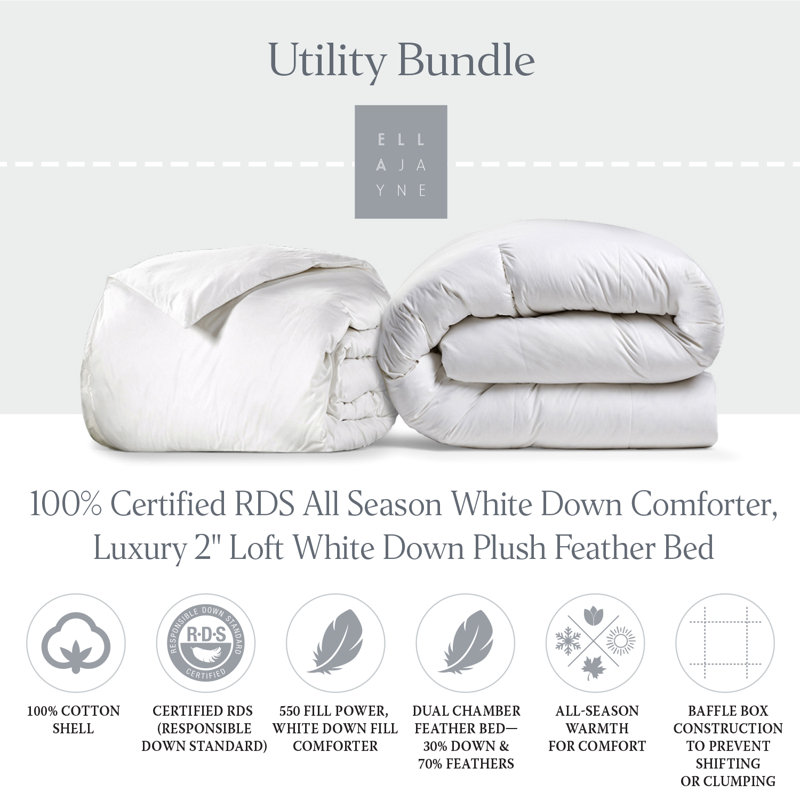 Down Feather 2-Piece Bundle: White Down Comforter & Down-Top Featherbed , Queen