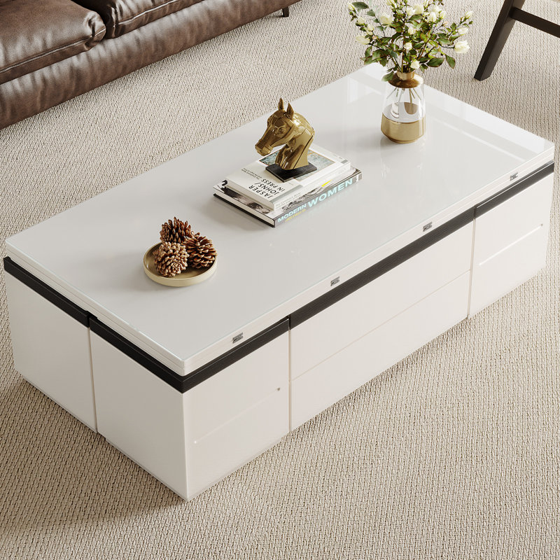 Modern White Lift-Top Coffee Table with 4 Stools, Convertible Dining Table with Storage Drawers