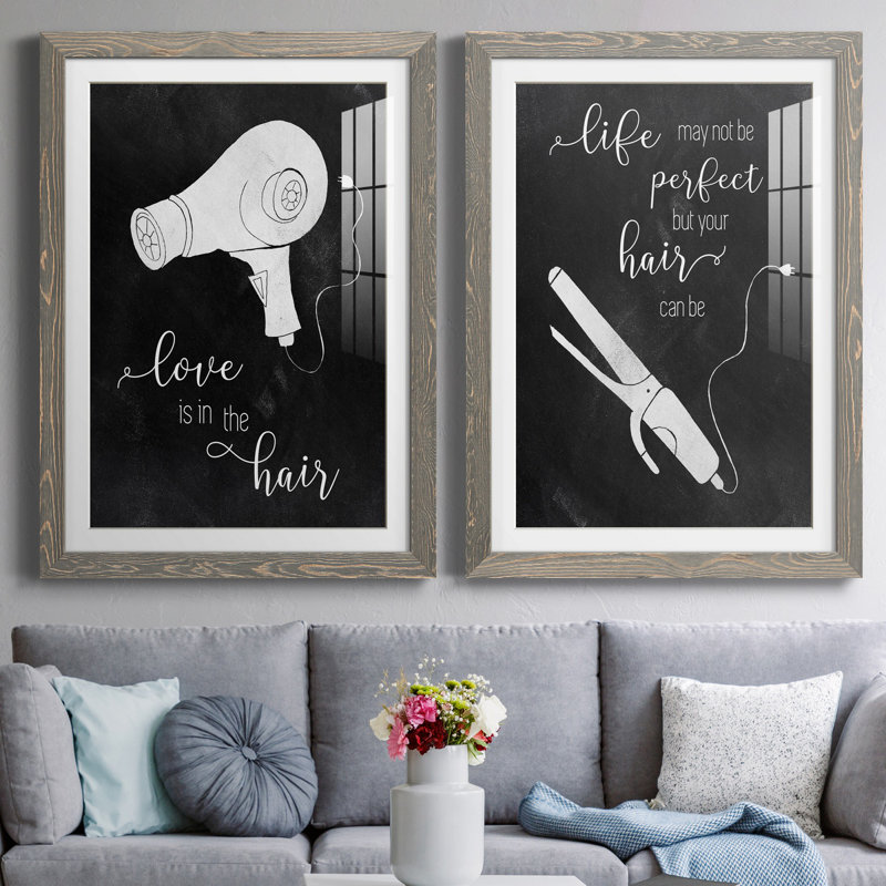 «Love the cheveux» - ensemble de 2 impressions, H 37,5 po x l 55 po x P 1,5 po, Cadre en papier gris, Blanc