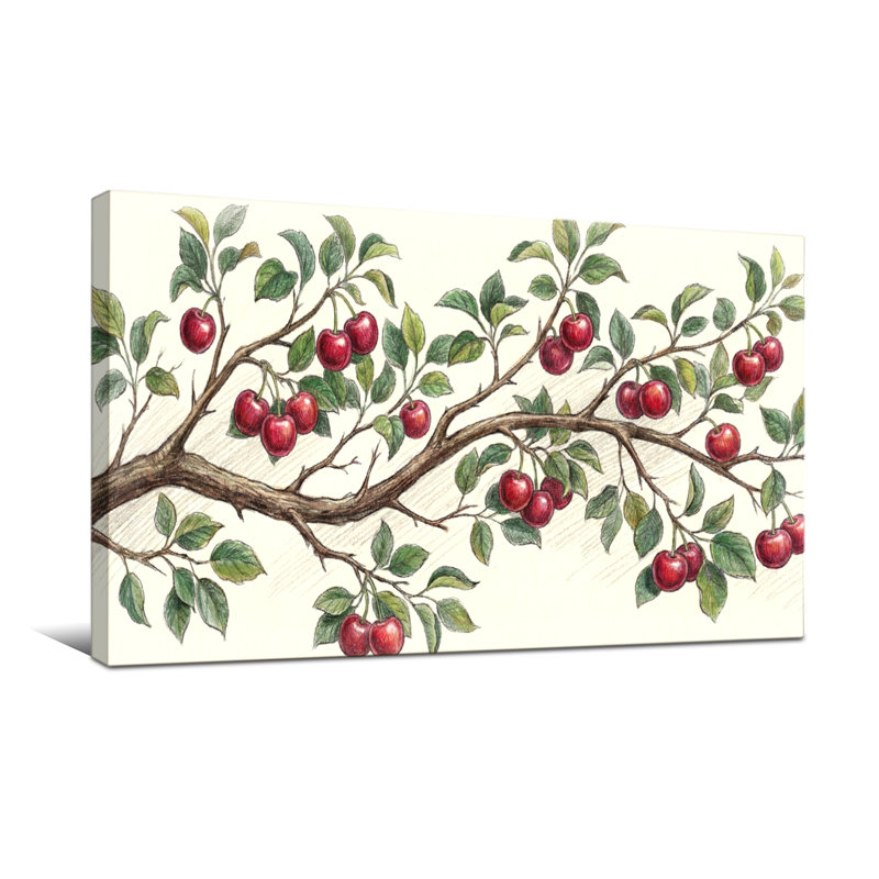 Plantes et fleurs branche de cerisier avec fruits rouges et feuilles vertes, H 28 po x l 58 po