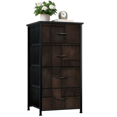 Dresser for Bedroom with 4 Storage Drawers Rustic Brown Leather Patchwork Dressers Chest of Drawers Steel Framed Fabric Closet Organizers for Dorm Entryway