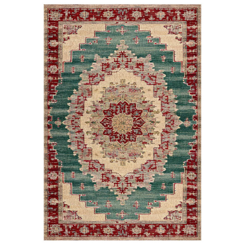 Otto Burgundy Green Beige Oriental Machine Printed Cotton Polyester Area Rug, Runner 4' x 14'10"