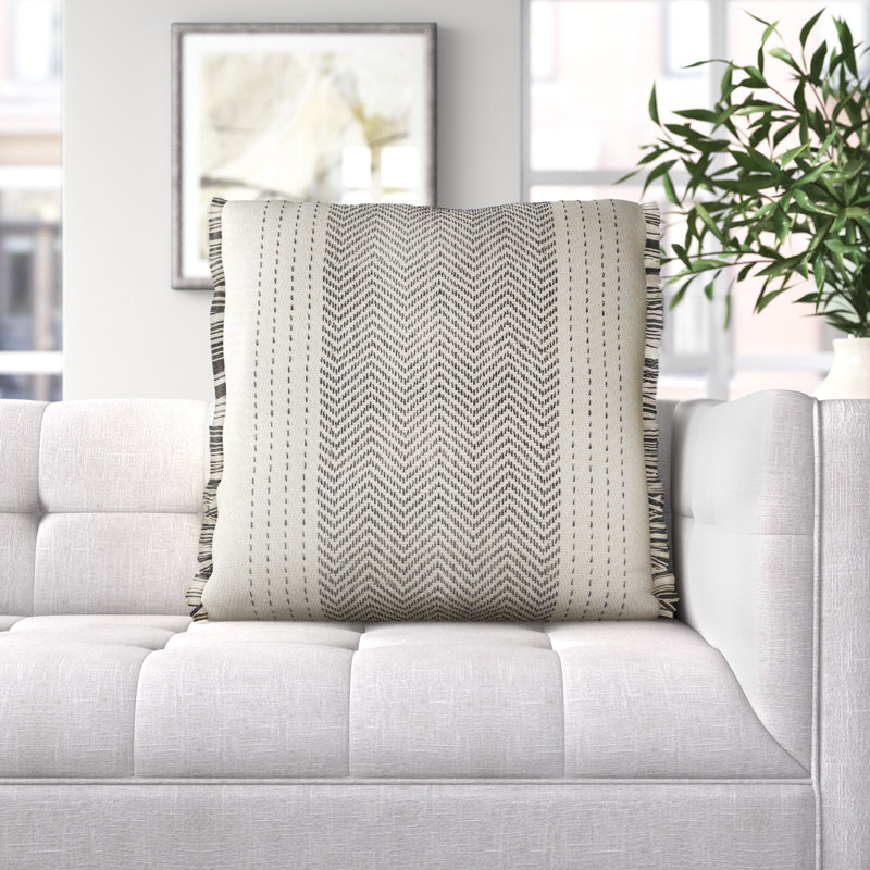 Carey Fringed Cotton Throw Pillow, Feathers, Gray/Ivory