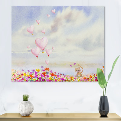 Adorable chat jouant avec un cœur rose - impression sur toile flottante