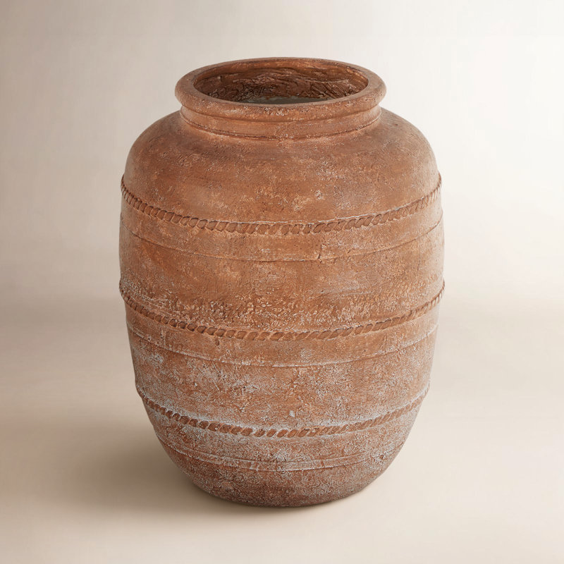  Magnesium Oxide Distressed Decorative Vase with Raised Braided Accents, Brown
