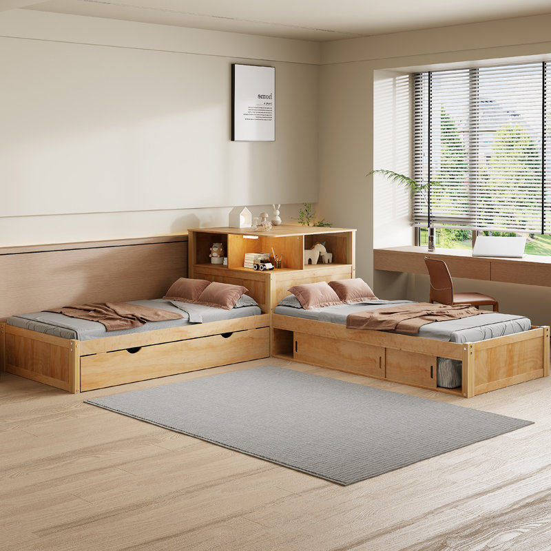 Lit plateforme simple en L avec lit gigogne, Naturel