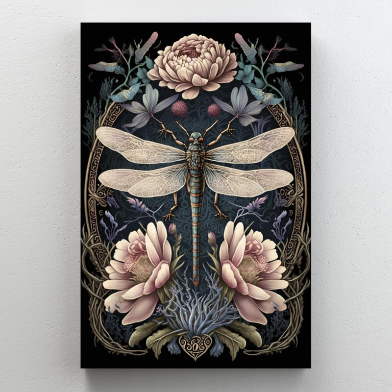 Pivoines et libellule - impression sur toile tendue, H 10 po x L 8 po x l 1,25 po