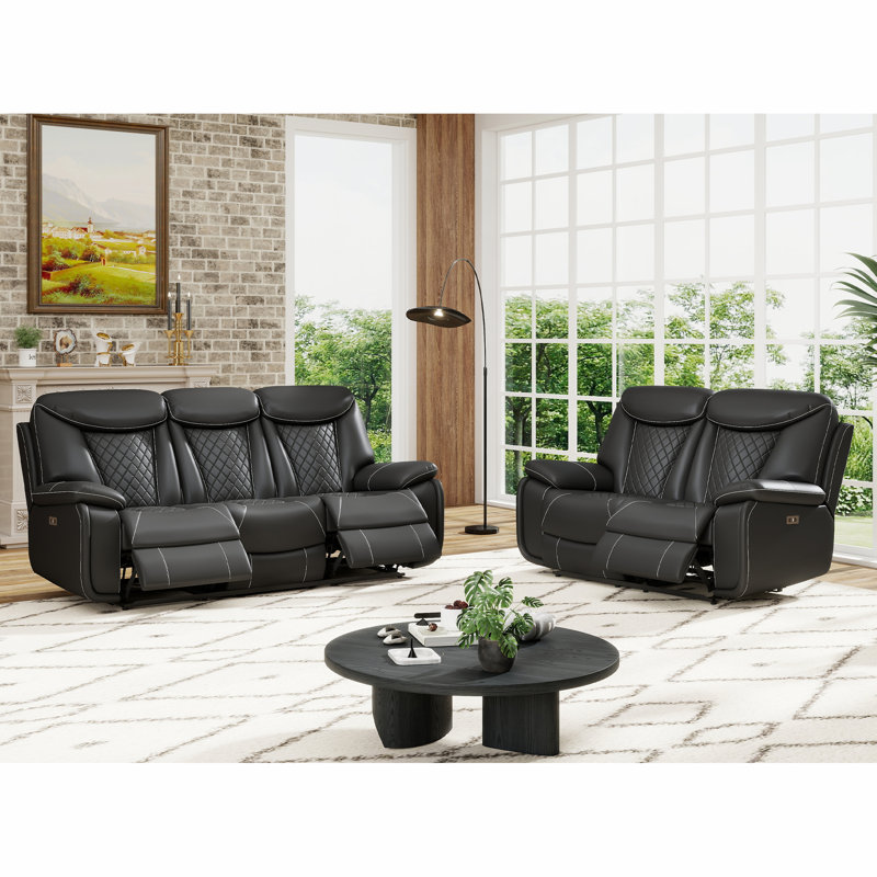 Saneela Faux Leather Power Reclining Living Room, Classic Midnight Faux Leather