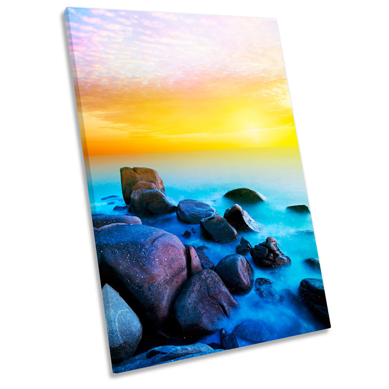 Yellow Sunset Beach Rocks Picture - Wrapped Canvas Print, 76.2cm H x 50.8cm W