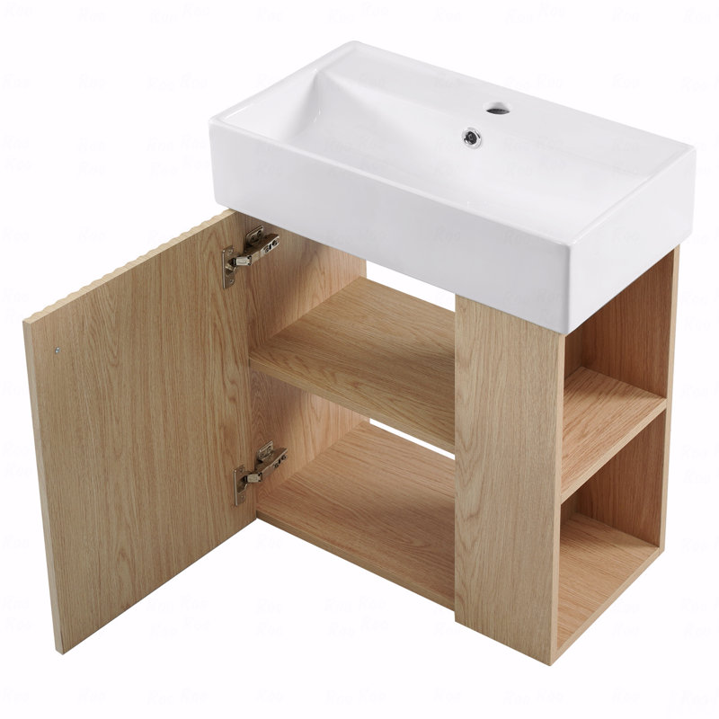 Meuble-lavabo flottant moderne 21,6 po avec lavabo en céramique, Brun
