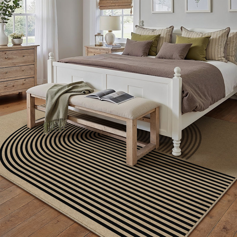Tapis à rayures géométriques lavable à la machine en noir / brun, Rectangle 6 pi x 9 pi