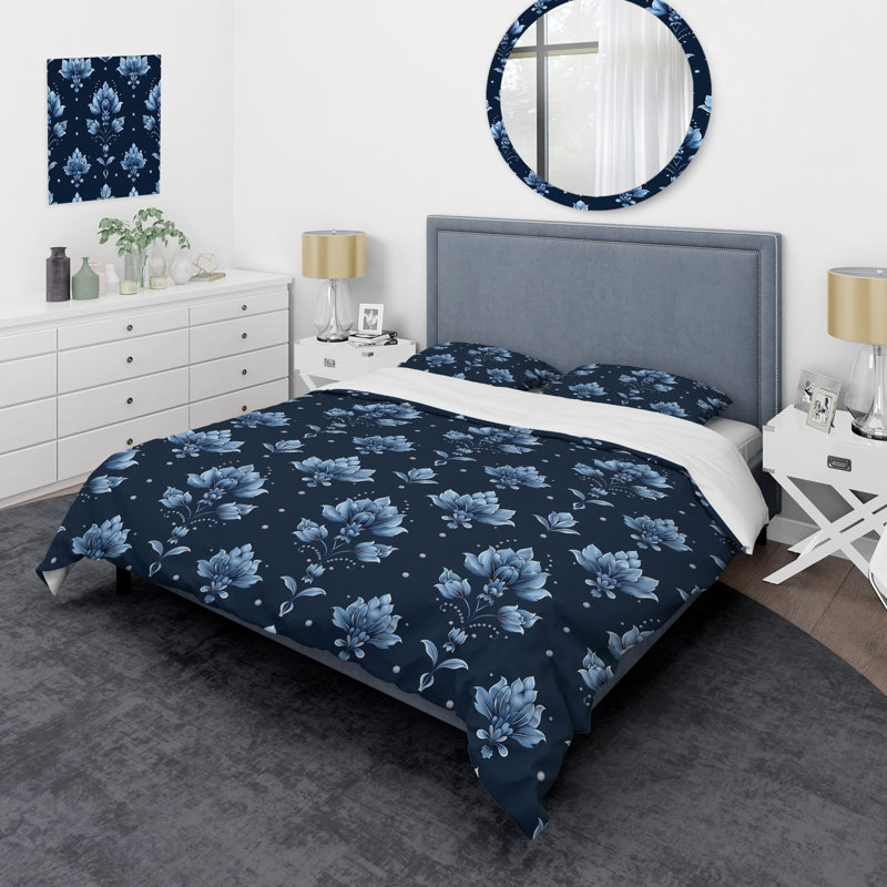 Ensemble de housse de couette Blue Glamourous Damask Print III - Glam, Housse de couette simple + 2 taies décoratives st