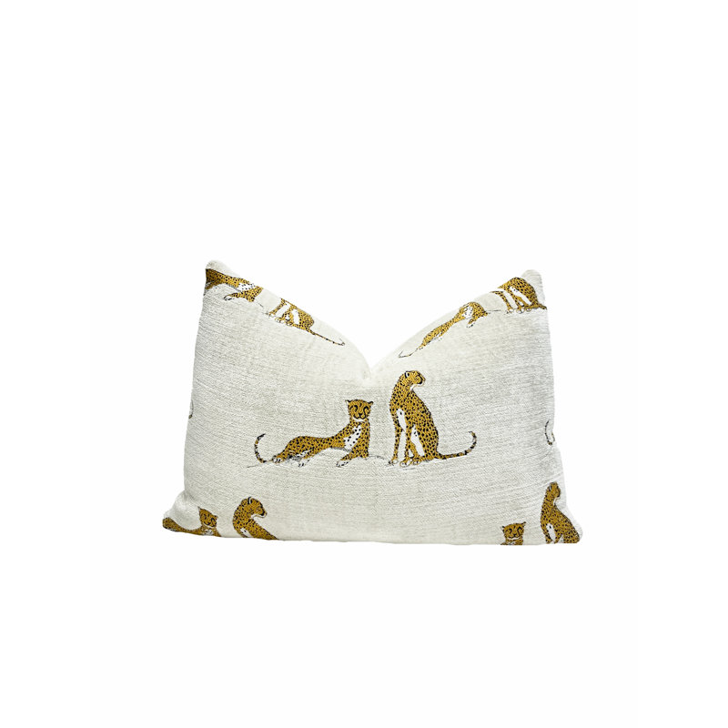 Chenille Embroidered Cheetah Lumbar Pillow Cover, Cream