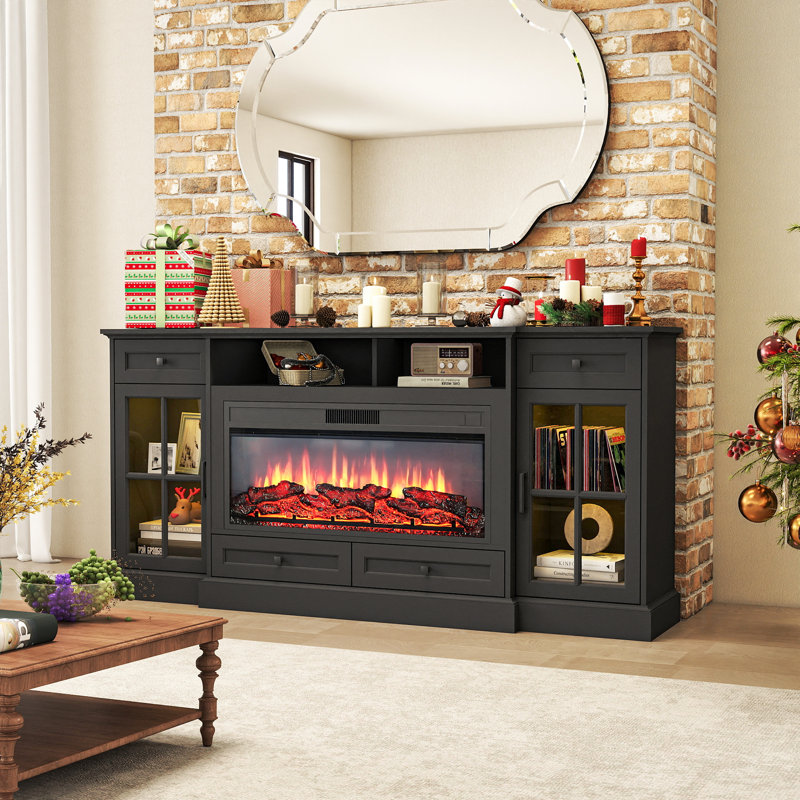 70" Fireplace TV Stand For Tvs Up To 80" With 35" Electric Fireplace, Black