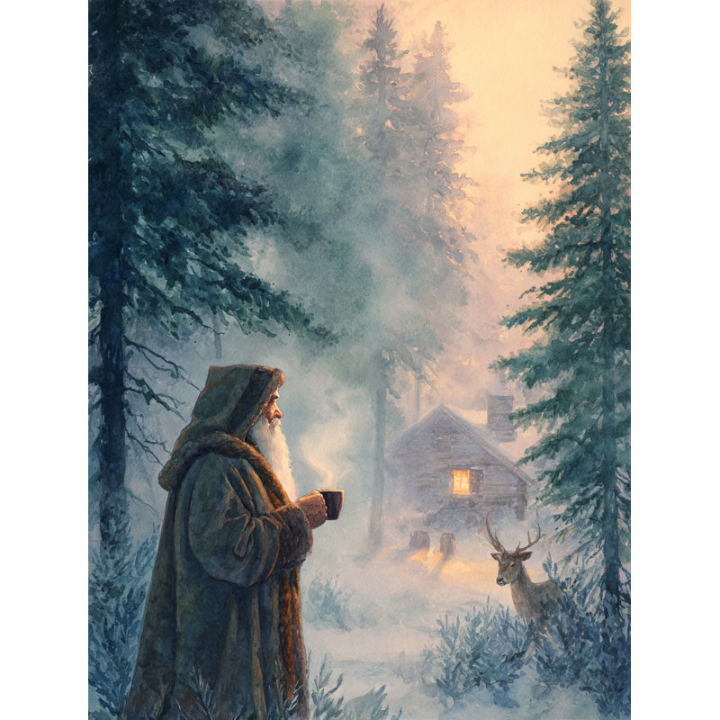 Père Noël avec une tasse parmi des pins, art mural sur toile, H 24 po x l 16 po