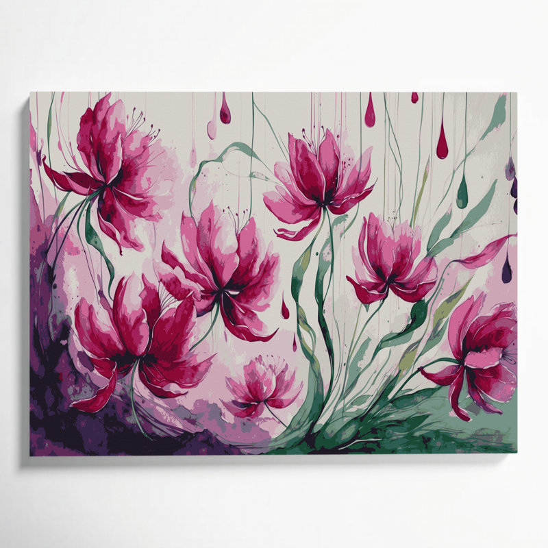 Art mural sur toile beige botanique fuchsia, H 20 po x l 30 po