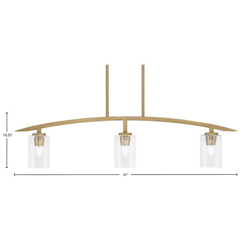 Luminaire pour îlot de cuisine 3 lumières kurve au fini laiton vieilli avec verre bullé de 4 po, Clair