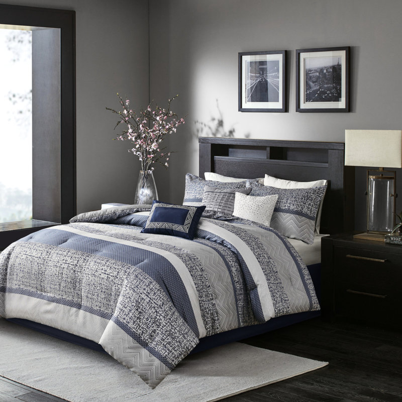 7 Piece King Comforter Navy - Luxury Bedding With Stripe, Pleated Pillows, Machine Washable , Embroidery Details,
