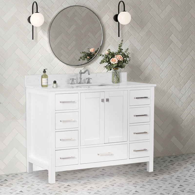 Meuble-lavabo moderne avec lavabo et rangement 48 po Modern, Blanc / nickel brossé