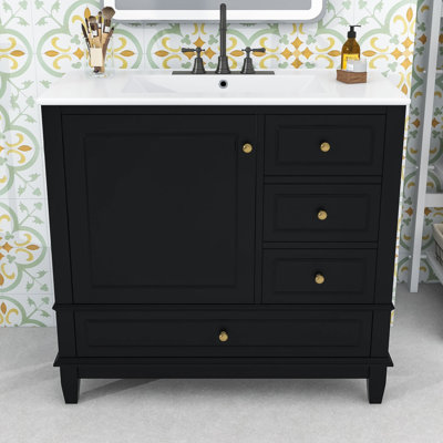 Meuble-lavabo simple contemporain en bois avec comptoir en céramique, 3 tiroirs et rangement pour armoire