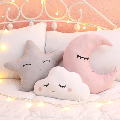 Moon Star Cloud Plush Throw Pillows Set of 3, Pink Gray White Soft Stuffed Decorative Cushions for Bedroom Home Decor