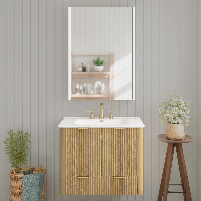 Floating Bathroom Vanity With Sink And Medicine Cabinet Mirror With LED Light, Yellow