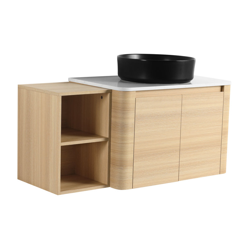 Meuble-lavabo mural de 42 po avec lavabo d'art en céramique, 1 tablette de rangement et 45 poignées cachées Fonctionnalité unique 2 portes à fermeture douce, matériau d'eau idéal pour les salles de bain humides