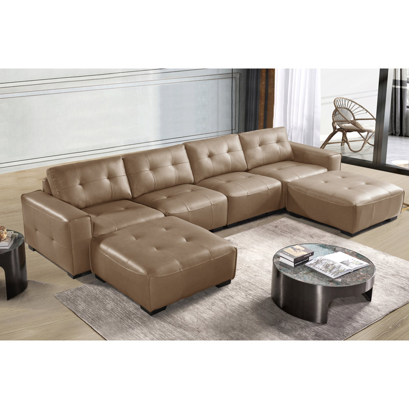 Modern Leather 6-Piece Classic U shaped Sleeper Sectional with Two Large Ottomans Chaise, Light Brown Faux Leather