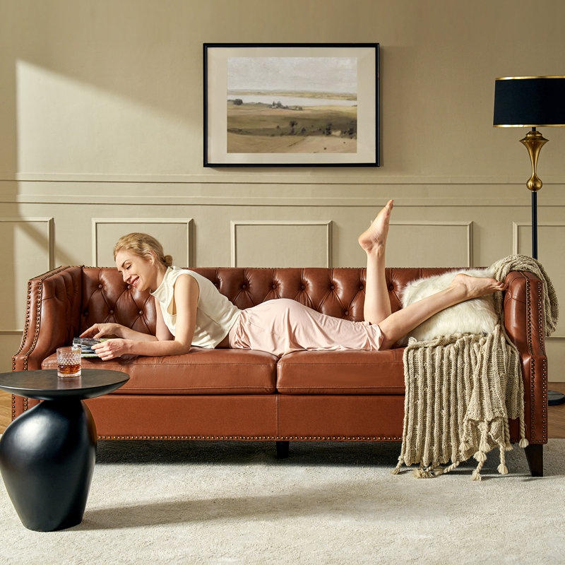 Theotis 84"W Chesterfield Button-Tufting Genuine Leather Sofa with Solid Wood Legs, Saddle