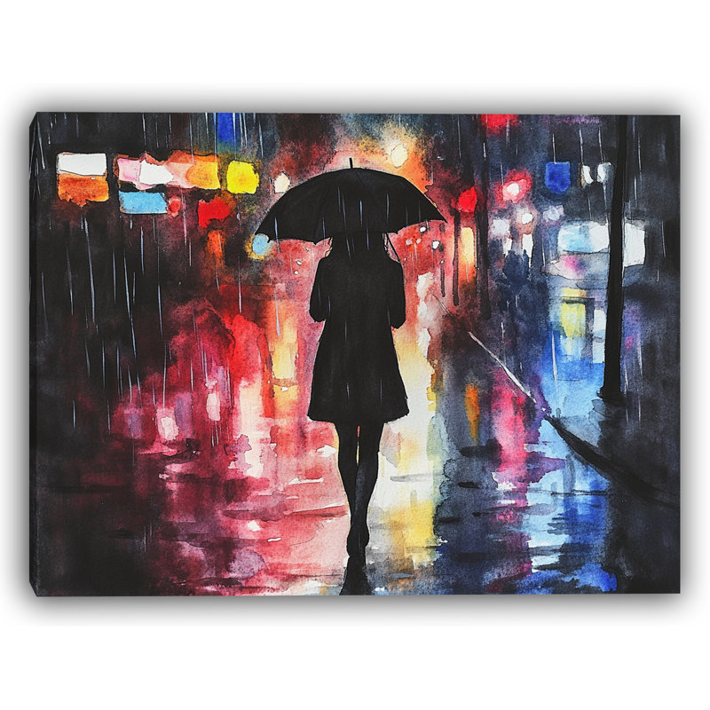 Night Stroll I - Fille avec parapluie dans une pluie de ville colorée, art mural