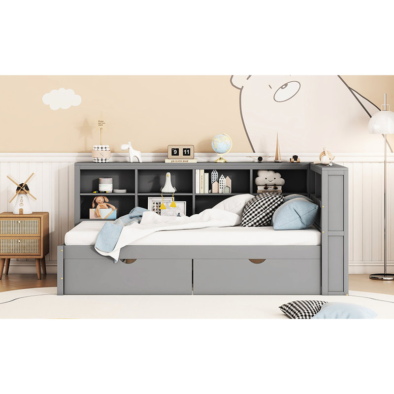 Lit de jour simple avec aspect gris, 2 tiroirs, tablette de rangement et tiroir de chargement en bois, Gris, Lit simple