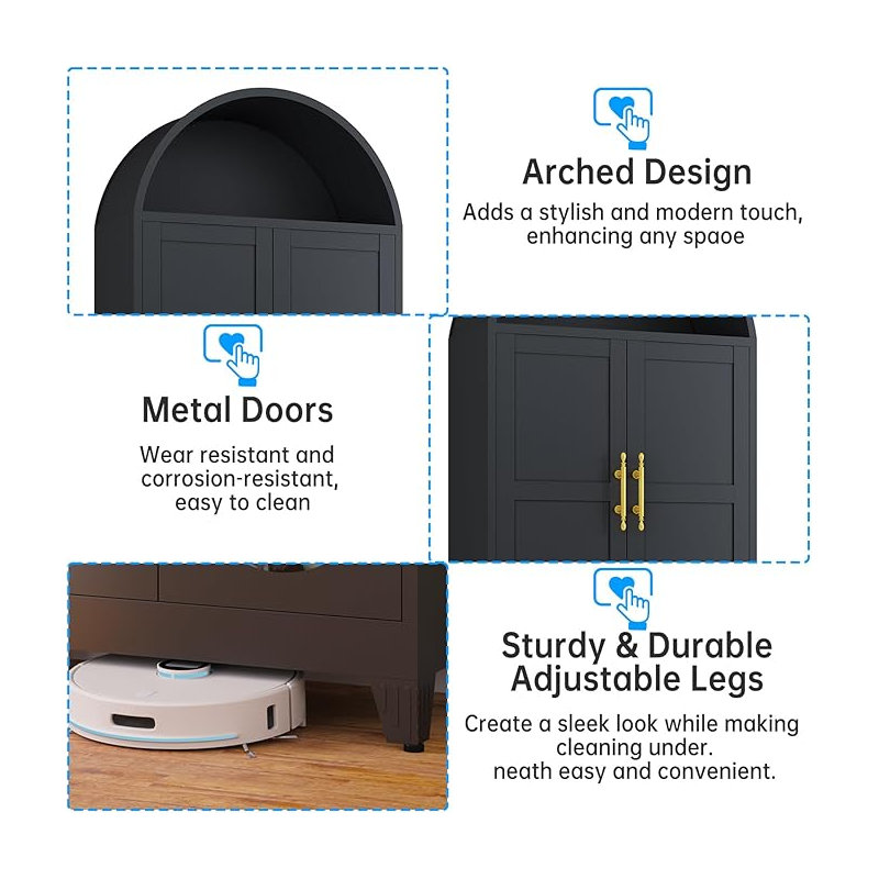 73" Metal Arched Display Cabinet with 2 Drawers, Tall Bookcase 2-Tier Storage Pantry Cabinet with 2 Adjustable Shelves for Collectibles, Glass Display Black